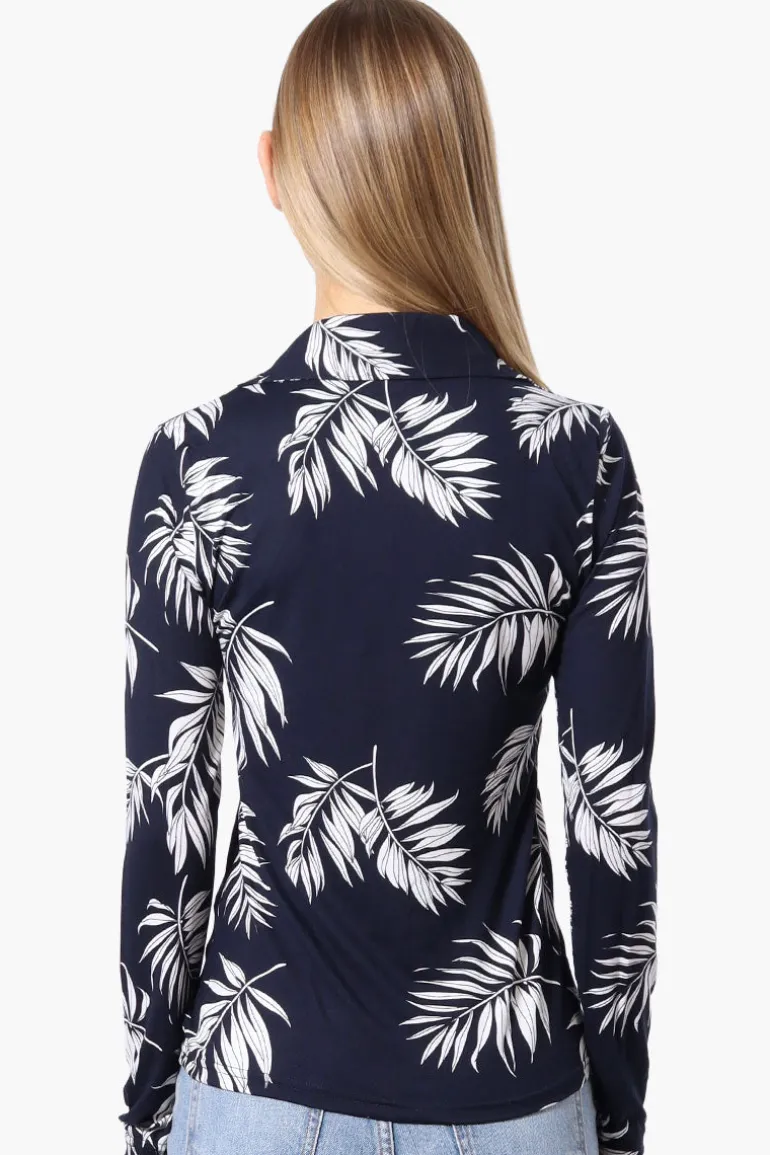 International INC Company Floral Ruched Button Down Shirt - Navy