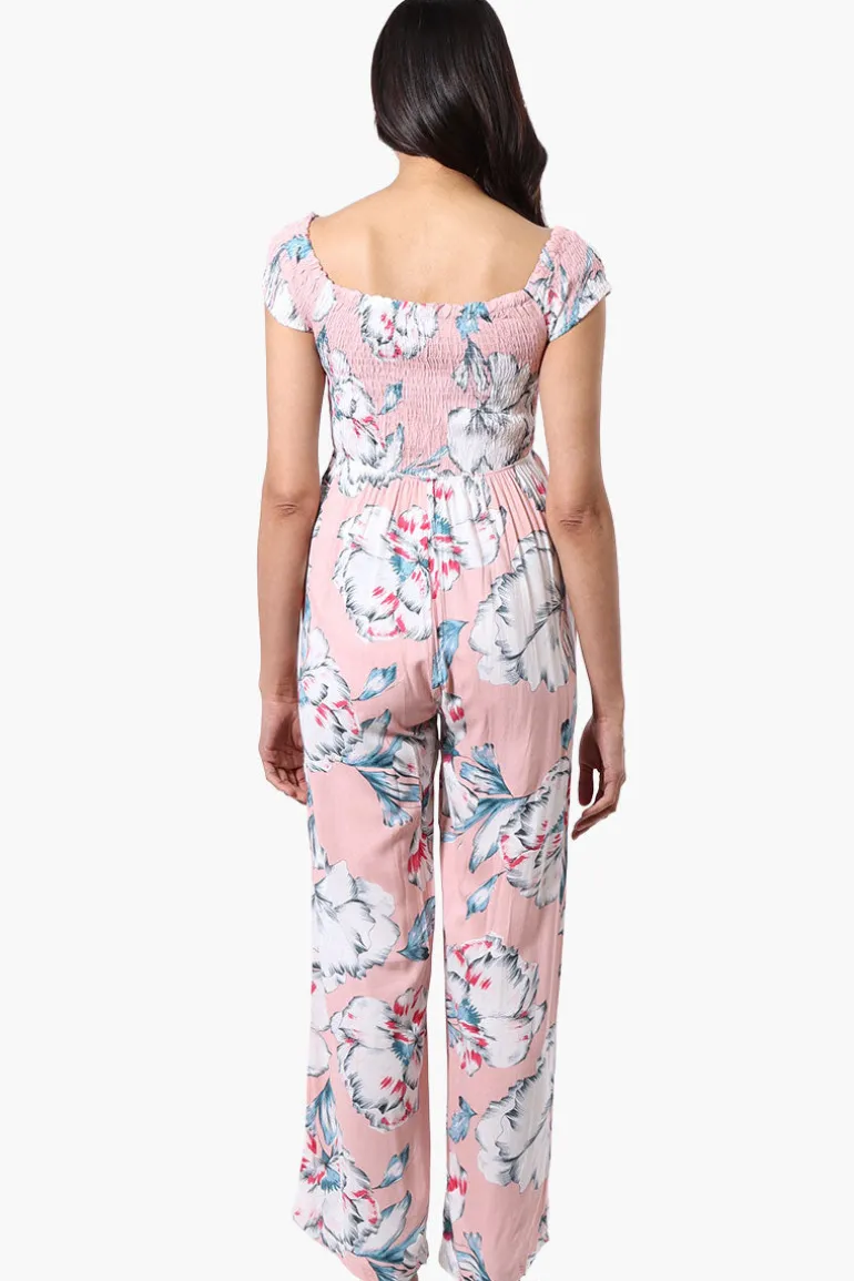 International INC Company Floral Smocked Square Neck Jumpsuit - Pink