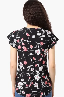 International INC Company Floral Ruffle Sleeve Tee - Black