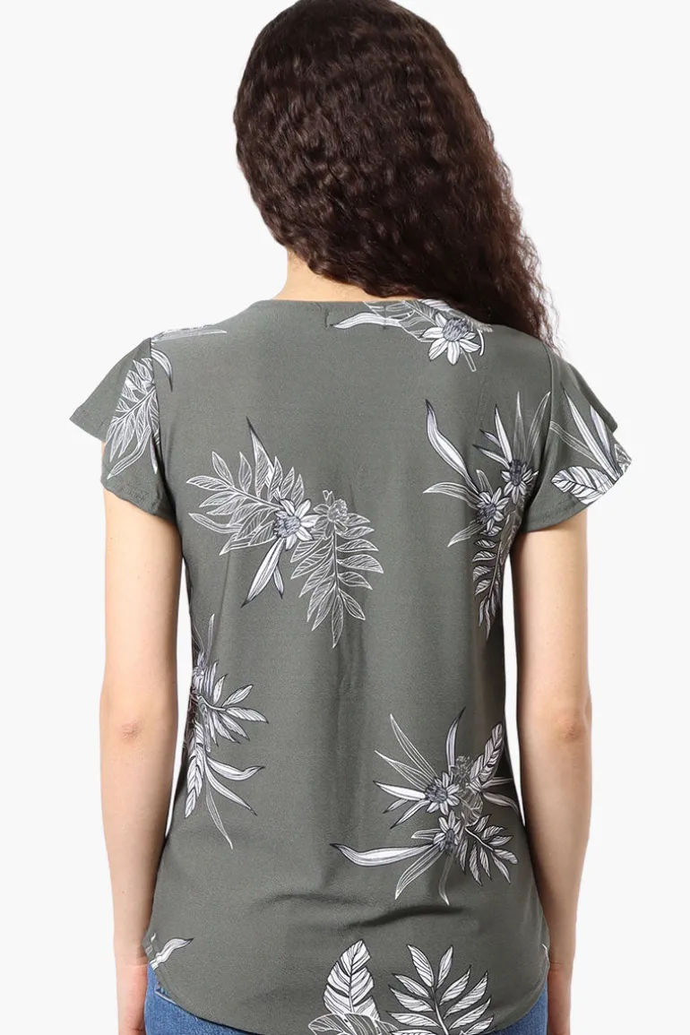 International INC Company Floral Ruffle Sleeve Tee - Olive