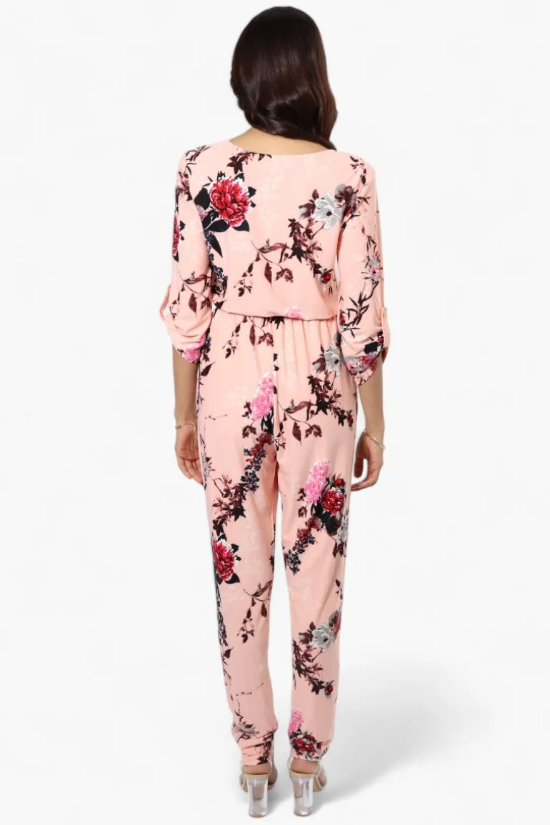 International INC Company Floral Roll Up Sleeve Jumpsuit - Pink