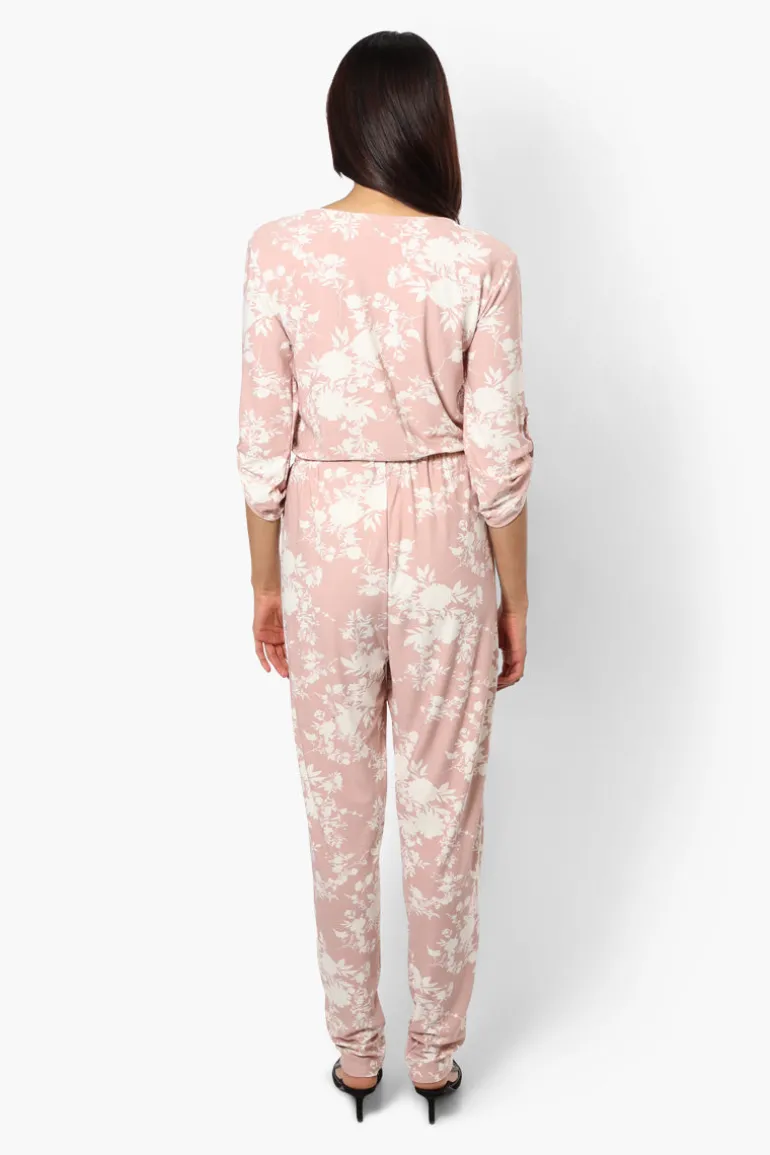 International INC Company Floral Roll Up Sleeve Jumpsuit - Pink