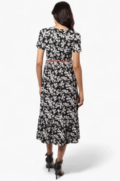 International INC Company Floral Belted Short Sleeve Maxi Dress - Black