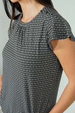 International INC Company Patterned Short Sleeve Cinched Collar Blouse - Black