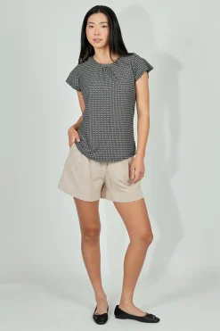 International INC Company Patterned Short Sleeve Cinched Collar Blouse - Black