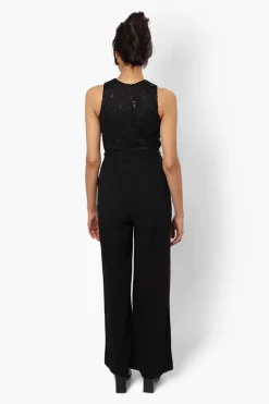 Limite Belted Lace Sequin Jumpsuit - Black