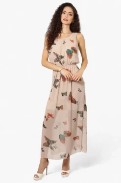 Limite Butterfly Pattern Sleeveless Tank Maxi Dress - Taupe