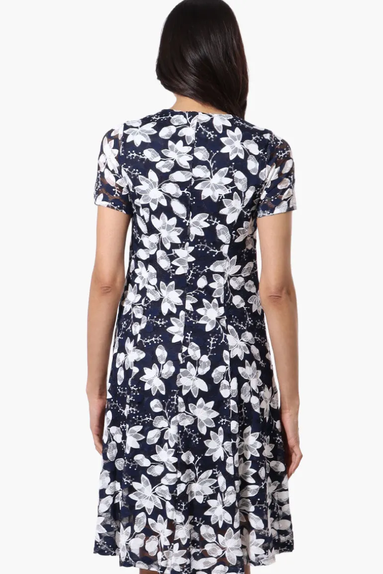 Limite Floral A-Line Mesh Day Dress - Navy