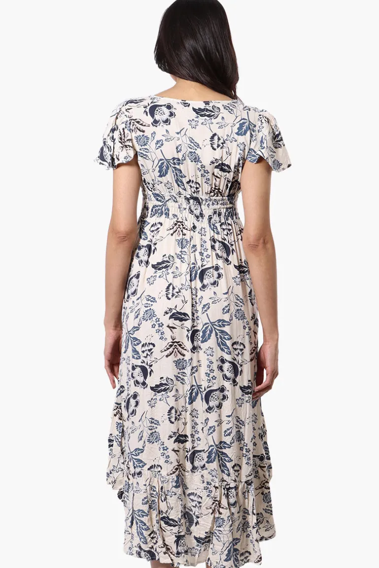 Limite Floral Cinched Waist High Low Midi Dress - Cream