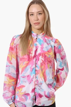 Limite Floral Mock Neck Sheer Blouse - Pink