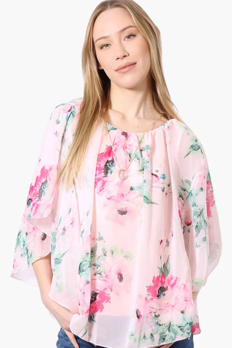 Limite Floral Poncho Necklace Blouse - Pink