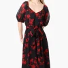 Limite Floral Puff Sleeve Belted Midi Dress - Black