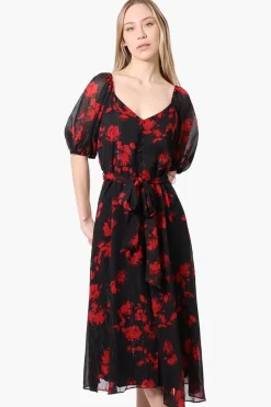 Limite Floral Puff Sleeve Belted Midi Dress - Black