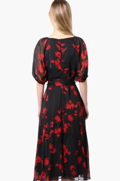 Limite Floral Puff Sleeve Belted Midi Dress - Black