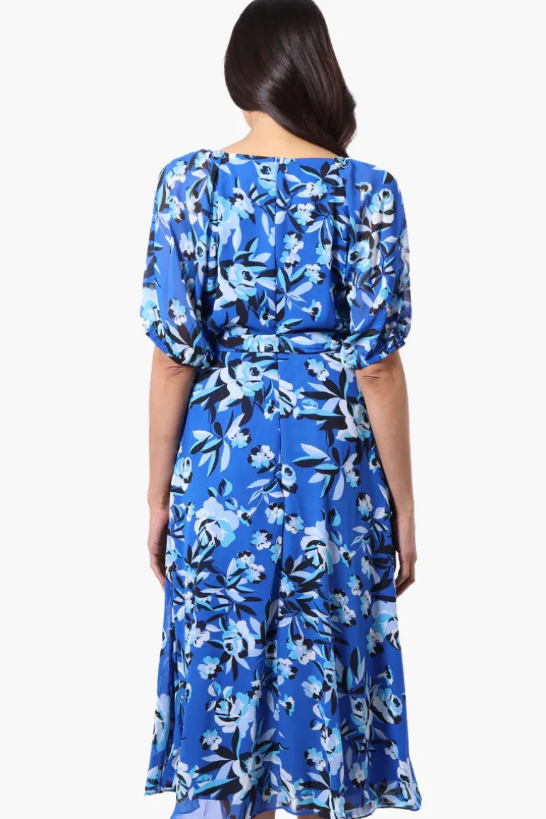 Limite Floral Puff Sleeve Belted Midi Dress - Blue