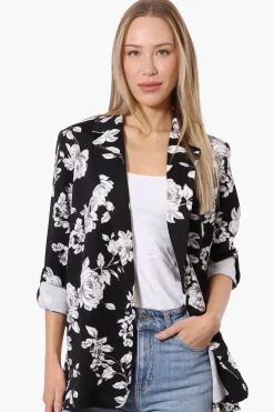 Limite Floral Roll Up Sleeve Open Blazer - Black