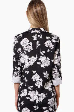 Limite Floral Roll Up Sleeve Open Blazer - Black