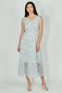 Limite Floral Smocked Shoulder Tie Maxi Dress - Blue