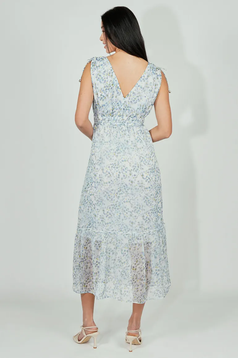 Limite Floral Smocked Shoulder Tie Maxi Dress - Blue