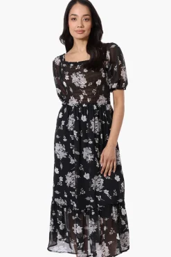 Limite Floral Smocked Square Neck Maxi Dress - Black