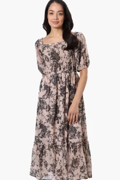 Limite Floral Smocked Square Neck Maxi Dress - Beige