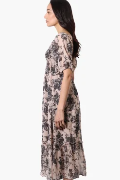 Limite Floral Smocked Square Neck Maxi Dress - Beige