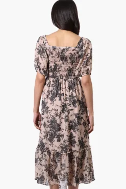 Limite Floral Smocked Square Neck Maxi Dress - Beige