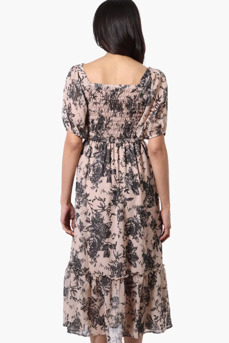 Limite Floral Smocked Square Neck Maxi Dress - Beige