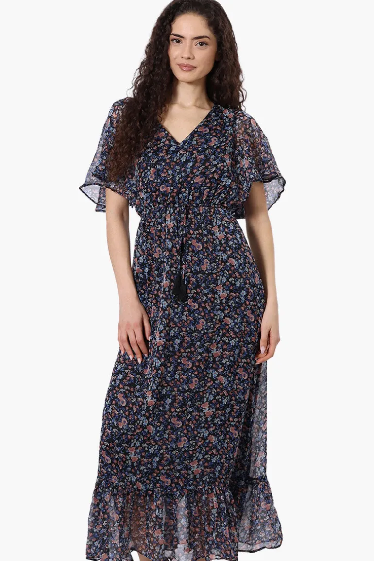 Limite Floral Tie Waist V-Neck Maxi Dress - Black