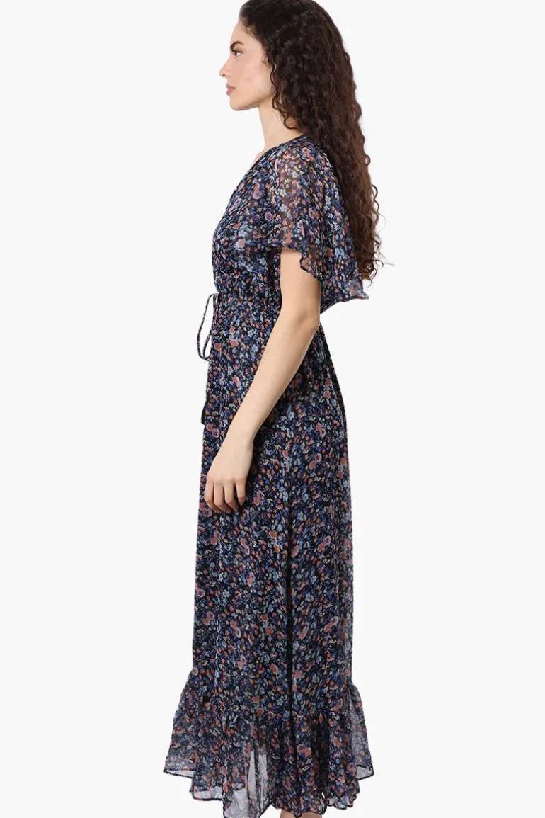 Limite Floral Tie Waist V-Neck Maxi Dress - Black