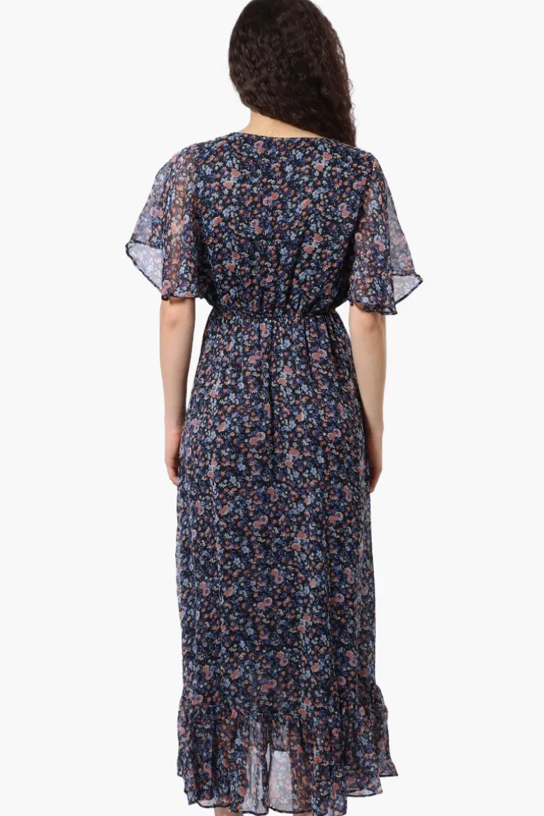 Limite Floral Tie Waist V-Neck Maxi Dress - Black