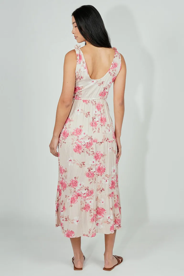 Limite Floral Tiered Shoulder Tie Maxi Dress - Pink