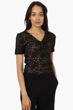 Limite Lace V-Neck Short Sleeve Shirt - Black
