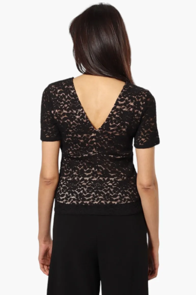 Limite Lace V-Neck Short Sleeve Shirt - Black