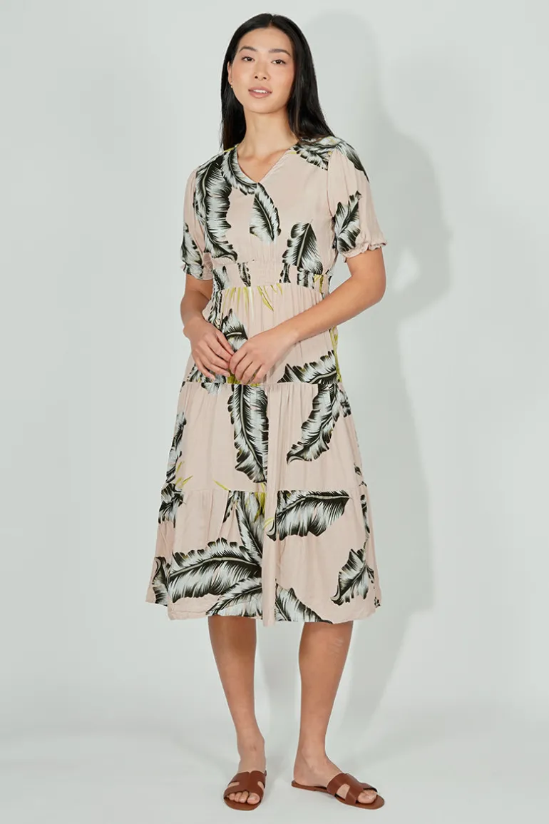Limite Leaf Print Smocked Tiered Maxi Dress - Beige