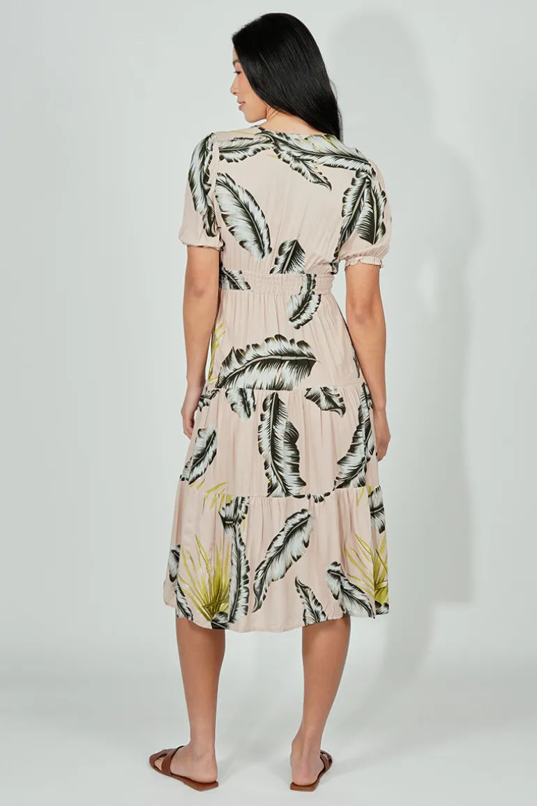 Limite Leaf Print Smocked Tiered Maxi Dress - Beige