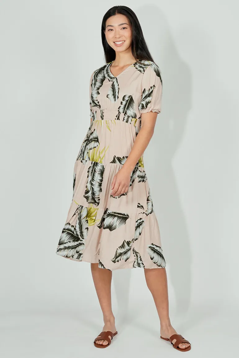Limite Leaf Print Smocked Tiered Maxi Dress - Beige