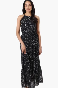Limite Polka Dot Smocked Waist Maxi Dress - Black