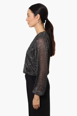 Limite Sheer Sleeve Lurex Blouse - Black