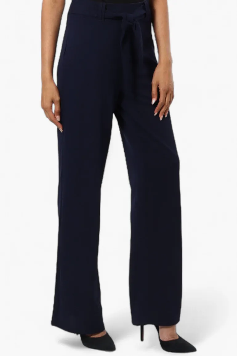 Limite Solid Belted Pants - Navy