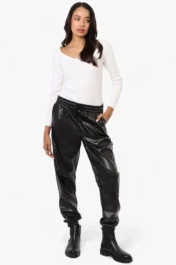 Limite Tie Waist Vegan Leather Jogger Pants - Black