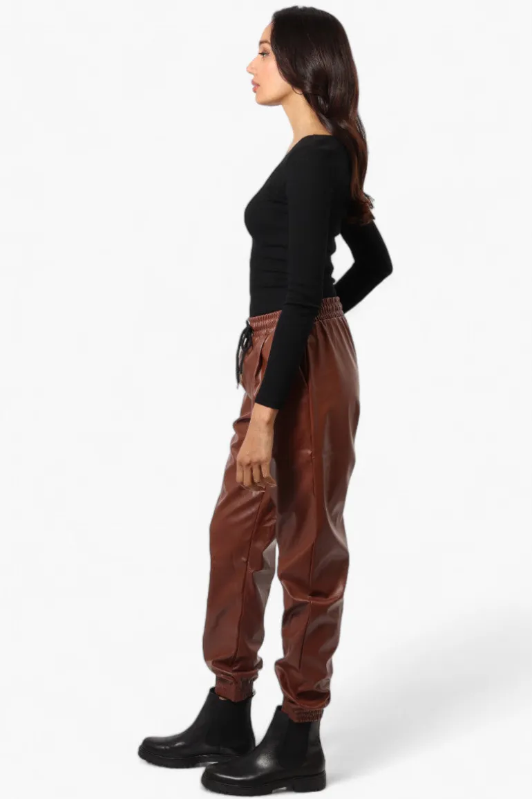 Limite Tie Waist Vegan Leather Jogger Pants - Brown