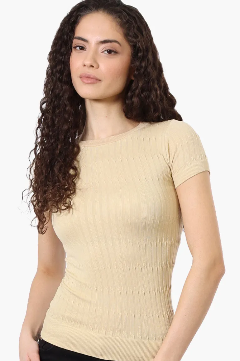 Magazine Ribbed Crew Neck Tee - Beige