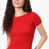 Magazine Ribbed Crew Neck Tee - Red