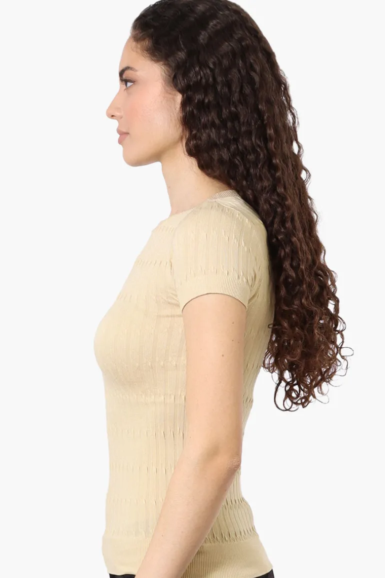 Magazine Ribbed Crew Neck Tee - Beige