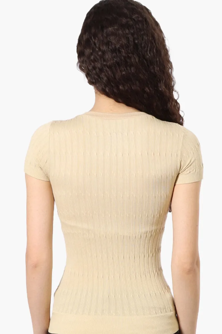 Magazine Ribbed Crew Neck Tee - Beige