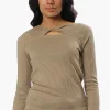 Magazine Ribbed Front Twist Long Sleeve Top - Beige