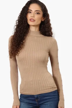 Magazine Ribbed Mock Neck Long Sleeve Top - Beige