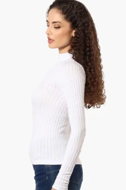 Magazine Ribbed Mock Neck Long Sleeve Top - White