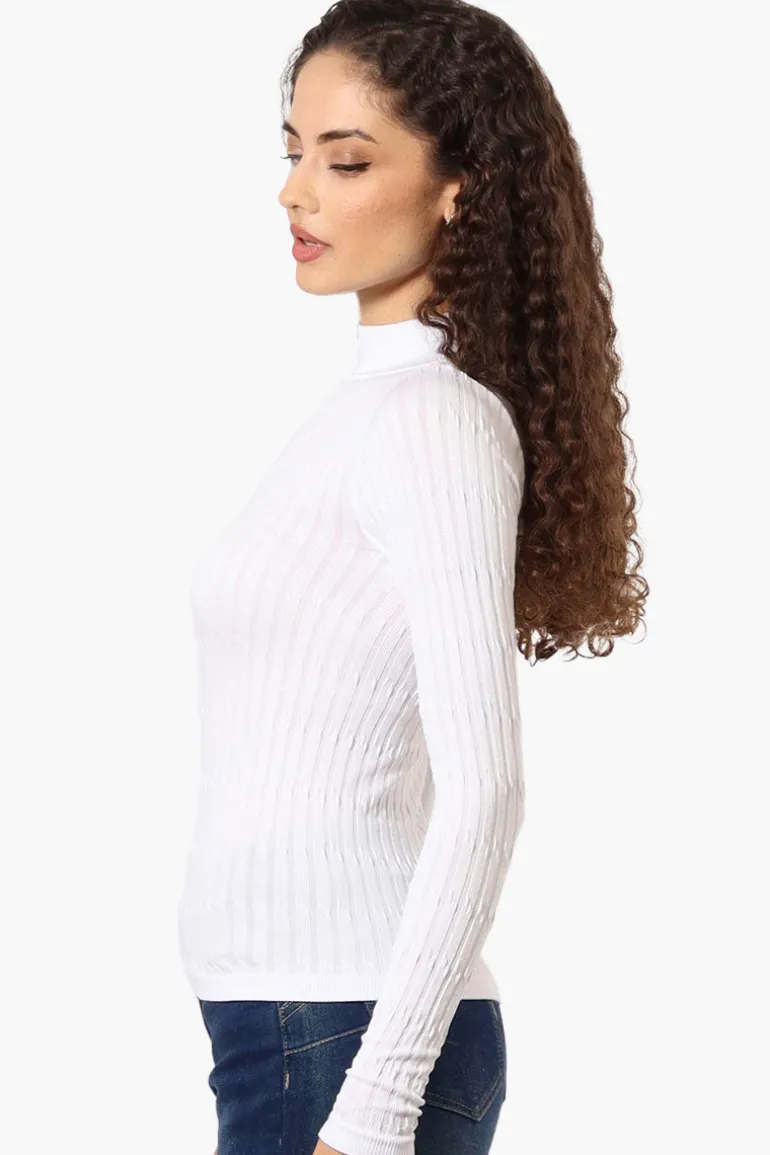 Magazine Ribbed Mock Neck Long Sleeve Top - White